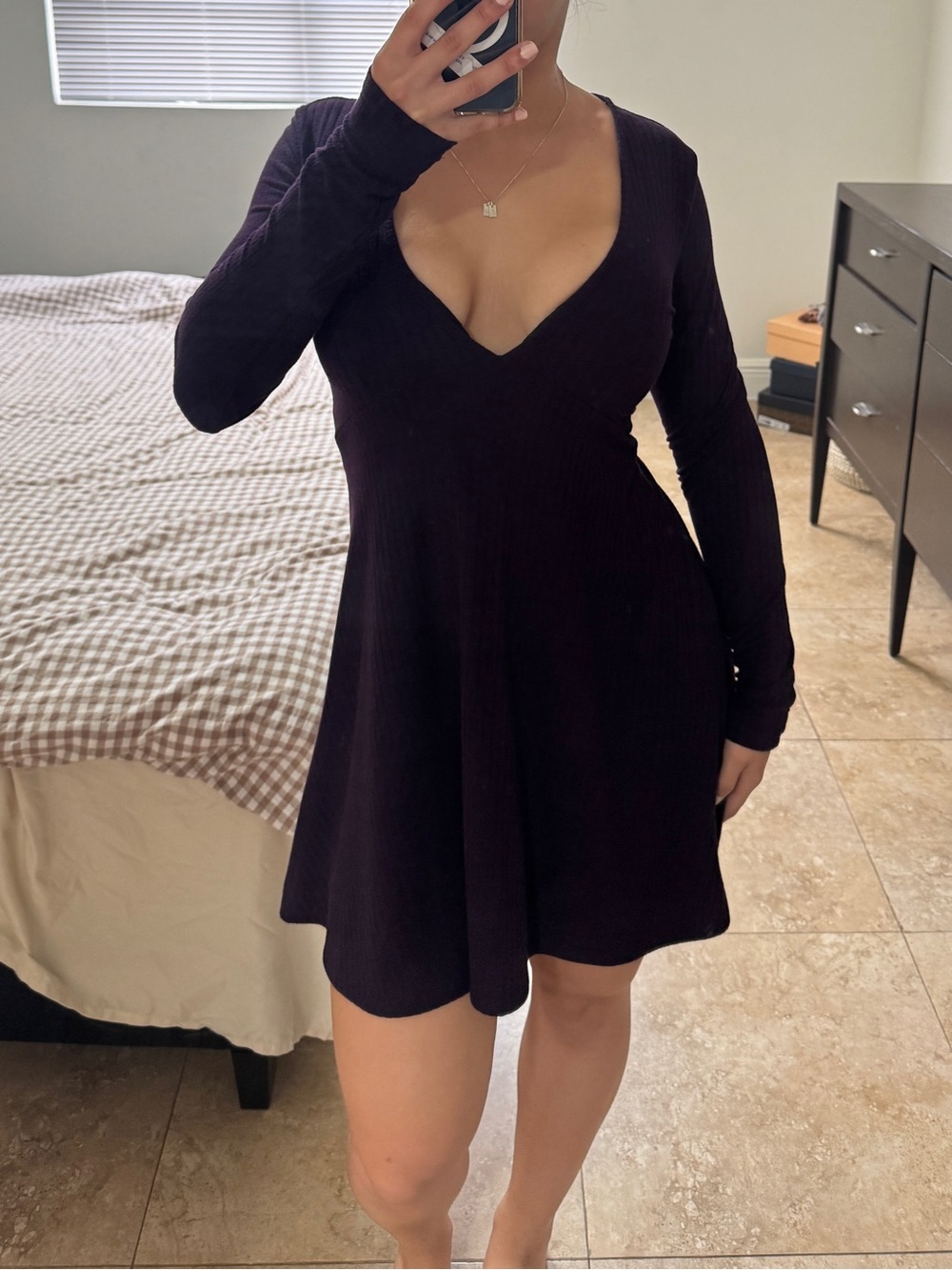 Plum Ribbed Knit Fit & Flare Skater Dress Medium Long Sleeve Deep V Neck